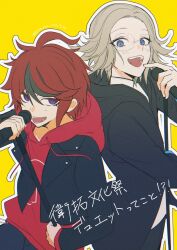 2boys aotsuki_eito black_jacket blue_eyes cropped_jacket drawstring film_grain glasses grey_hair grin haru_ruta highres holding holding_microphone hood hoodie jacket male_focus microphone multicolored_hair multiple_boys official_alternate_costume open_mouth red_hair red_hoodie shirt short_hair simple_background smile streaked_hair sumino_takumi the_hundred_line_-last_defense_academy- tower_records twitter_username white_shirt yellow_background
