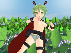 1girl 3d antennae armband arthropod_girl bdsm black_cape black_skirt blush bondage bound bow bow_panties breasts cape cloud cuffs flower grass green_eyes green_hair green_panties handcuffs loli looking_at_viewer mak2 nipples open_mouth panties plant red_cape short_hair skirt sky small_breasts sparkle standing striped_clothes striped_panties thigh_strap topless_female touhou underwear white_panties wind wind_lift wriggle_nightbug
