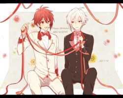 2boys ahoge antenna_hair asymmetrical_hair black_jacket black_pants blazer border bow bowtie breast_pocket buttons character_name collared_jacket collared_shirt commentary_request dated dress_pants english_text feet_out_of_frame floral_background formal_clothes grey_background hair_between_eyes happy happy_birthday highres idolish7 jacket knee_up kujou_tenn lapels layered_sleeves letterboxed long_sleeves male_focus messy_hair multiple_boys nanase_riku nau_(rg_sn79) notched_lapels open_mouth outside_border pants pink_bow pink_bowtie pink_eyes pocket red_bow red_bowtie red_eyes red_hair red_sleeve_cuffs shirt short_hair smile striped_bow striped_bowtie striped_clothes suit traditional_bowtie tuxedo vertical-striped_bowtie white_border white_hair white_jacket white_pants white_shirt white_suit