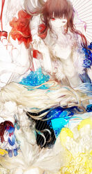 1boy 2girls angel_wings black_coat blonde_hair blue_bow blue_bowtie blue_flower blue_rose bow bowtie brown_hair buttons child chin_rest closed_mouth coat collared_shirt cowboy_shot doll doll_(ib) dress feathered_wings feet_out_of_frame floating_clothes floating_hair flower frilled_sleeves frills fur-trimmed_coat fur_trim garry_(ib) grey_eyes grey_hair grey_shirt hair_over_one_eye hand_in_own_hair head_on_head head_rest highres holding holding_doll holding_hands ib_(ib) ib_(kouri) juexing_(moemoe3345) kneehighs leg_ribbon long_hair long_sleeves mary_(ib) mary_janes miniskirt multiple_girls one_eye_closed open_clothes open_coat painting_(object) picture_frame pleated_skirt red_bow red_bowtie red_eyes red_ribbon red_shoes red_skirt ribbon rose shirt shoes sidelocks skirt sleeve_cuffs smile socks very_long_hair white_background white_dress white_shirt white_socks white_wings wings yellow_flower yellow_rose