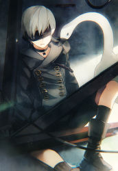 1boy android animal bird black_blindfold blindfold boots cable choker commentary_request gloves light_particles male_focus md5_mismatch nier_(series) nier:automata pale_skin shorts sitting solo steel_beam swan takerusilt white_hair wire 9s_(nier:automata)