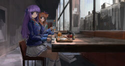 2girls absurdres aikatsu!_(series) blue_ribbon blunt_bangs brown_hair food from_side hairo_(r228n) highres hikami_sumire honey multiple_girls ozora_akari pancake plate purple_eyes purple_hair red_ribbon ribbon school_uniform side_ponytail sitting skirt smile socks white_socks window