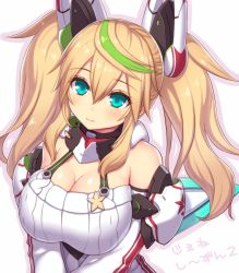 1girl aqua_eyes asamura_hiori bare_shoulders blonde_hair breasts cleavage female_focus gene_(pso2) green_hair hair_between_eyes highres large_breasts long_hair looking_at_viewer multicolored_hair off-shoulder_sweater off_shoulder parted_lips phantasy_star phantasy_star_online_2 shiny_skin smile solo sweater twintails two-tone_hair upper_body v_arms