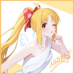 1girl ahoge alternate_hairstyle armpits bare_arms blonde_hair blush bocchi_the_rock! border bow breasts character_name collarbone commentary_request dress eyelashes finger_to_mouth from_side hair_bow hand_up highres ijichi_nijika index_finger_raised long_hair long_sidelocks looking_at_viewer naeaemgung one_eye_closed orange_background orange_border orange_eyes parted_bangs parted_lips polka_dot polka_dot_bow ponytail shushing sidelocks single_strap sleeveless sleeveless_dress small_breasts solo two-tone_background upper_body very_long_hair white_background white_dress