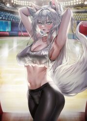1girl absurdres animal_ear_fluff animal_ears armpits arms_behind_head arms_up bare_arms bare_shoulders black_pants black_sports_bra blush breasts cleavage collarbone cowboy_shot crop_top crop_top_overhang fox_ears fox_girl fox_tail hair_between_eyes highres korean_commentary large_breasts long_hair looking_at_viewer midriff navel nompang novel_illustration official_art open_mouth original pants pantyhose see-through_clothes shirt sleeveless sleeveless_shirt solo sports_bra stadium standing stomach sweat tail taut_clothes variant_set white_shirt yoga_pants