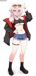 1girl absurdres black_nails blush breasts denim denim_shorts earrings enis_(roswell_ss) eyewear_on_head full_body highres jacket jewelry medium_hair nail_polish navel open_clothes open_jacket original pointy_ears red_jacket roswell_ss shoes shorts simple_background smile socks solo standing stomach sunglasses tongue tongue_out underboob v vampire white_hair