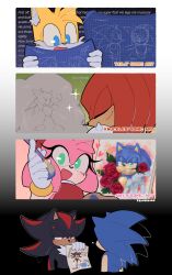 4koma amy_rose black_fur black_hair blonde_hair blue_eyes blue_fur blue_hair blueprint_(object) child comic drawing_(action) drawing_(object) dress echidna_(animal) eyelashes fox fravoccado green_eyes hairband highres knuckles_the_echidna long_hair medium_hair paintbrush painting_(action) painting_(object) pink_fur pink_hair red_dress red_fur red_hair rock sega shadow_the_hedgehog shota smile sonic_(series) sonic_the_hedgehog spiked_hair tails_(sonic) yellow_fur