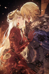 1boy 1girl absurdres against_wall black_background blonde_hair blood blood_on_clothes blood_on_face blue_cape blue_eyes breasts brick_wall cape closed_mouth couple dated_commentary dimitri_alexandre_blaiddyd dimitri_alexandre_blaiddyd_(timeskip) dress edelgard_von_hresvelg edelgard_von_hresvelg_(timeskip) face-to-face fake_horns fire fire_emblem fire_emblem:_three_houses from_side fur-trimmed_cape fur_trim hair_between_eyes hand_on_another&#039;s_chest hand_up head_tilt headpiece hetero highres horns imminent_kiss kneeling leaning_forward long_hair long_sleeves looking_back medium_breasts nintendo outdoors parted_lips puffy_short_sleeves puffy_sleeves purple_eyes red_dress shadow short_hair short_sleeves sitting soma_otakuu white_hair