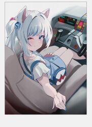 1girl absurdres animal_ears blue_overalls car car_interior cat_ears control_yoke from_above gawr_gura gawr_gura_(casual) highres hololive hololive_english k.i.t.t knight_2000 knight_rider motor_vehicle nail_polish one_eye_closed overalls polaroid_photo side_ponytail smile solo virtual_youtuber yato_(yama0x1)