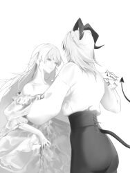 2girls absurdres alternate_costume ass bare_shoulders collarbone commentary curled_horns dancing demon_tail dress greyscale hand_grab hashtag-only_commentary high-waist_pants highres horns long_hair monochrome multiple_girls off-shoulder_dress off_shoulder pants phoebe_(wuthering_waves) shirt shirt_tucked_in simple_background sofi_(sefiiru) tail tight_clothes tight_pants white_background wuthering_waves zani_(wuthering_waves)