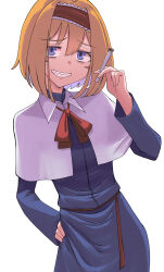 1girl absurdres alice_margatroid blonde_hair blue_dress blue_eyes bow bowtie capelet cigarette collared_capelet commentary cookie_(touhou) cowboy_shot dress frilled_hairband frills grin hairband hand_on_own_hip highres holding holding_cigarette long_sleeves looking_at_viewer pyukasshori red_bow red_bowtie red_hairband sharp_teeth short_hair simple_background smile solo taisa_(cookie) teeth touhou white_background white_capelet
