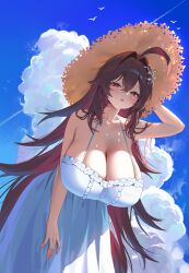 1girl absurdres ahoge arm_up armpits bad_id bad_pixiv_id bare_shoulders bent_over blue_sky blush breasts brown_hair cleavage cloud commentary commission dress hair_between_eyes hanging_breasts hat highres huge_breasts large_breasts long_hair looking_at_viewer original purple_hair red_eyes seoki_(hi3031) sky sleeveless sleeveless_dress solo straw_hat symbol-only_commentary very_long_hair