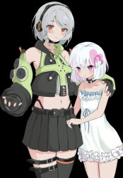 2girls absurdres anby_demara black_background black_skirt black_thighhighs bow collar cowboy_shot crossover detached_sleeves dohna_dohna_issho_ni_warui_koto_o_shiyou dress dress_bow expressionless fingerless_gloves frilled_dress frills gloves green_sleeves grey_hair hair_between_eyes hair_ornament hand_on_another&#039;s_shoulder headphones heart heart_hair_ornament highres imengneko looking_at_viewer medium_hair midriff multiple_girls navel orange_eyes pleated_skirt porno_(dohna_dohna) purple_eyes short_hair simple_background skirt spaghetti_strap spiked_collar spikes standing strap_slip thighhighs white_dress zenless_zone_zero