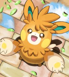 :d absurdres bright_pupils brown_eyes commentary_request day from_above happy highres jira_(ziraiya26) leaf looking_up nintendo no_humans open_mouth outdoors pawmot pokemon pokemon_(creature) puddle smile solo tongue water wet_floor white_pupils