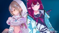 2girls adversarial_noise aqua_jacket black_sailor_collar black_serafuku black_shirt black_skirt blonde_hair blue_background blue_eyes blunt_bangs boots braid choppy_bangs closed_mouth commentary_request copyright_notice cross-laced_clothes cross-laced_sleeves crying crying_with_eyes_open crystal_wings double-parted_bangs dress elf flower hair_flower hair_ornament half_up_braid heterochromia highres hololive hololive_english hood hood_up hooded_jacket horns irys_(gaming_casual)_(hololive) irys_(hololive) jacket knee_to_chest layered_sleeves long_hair long_sleeves low_twintails maronrice miniskirt multicolored_hair multiple_girls neckerchief official_alternate_costume official_alternate_hairstyle official_art orange_eyes pink_dress pink_eyes pink_jacket pink_scarf pleated_skirt pointy_ears purple_hair red_hair red_neckerchief sailor_collar scarf school_uniform serafuku shiranui_flare shiranui_flare_(casual) shirt short_over_long_sleeves short_sleeves sidelocks simple_background sitting skirt socks star-shaped_pupils star_(symbol) streaked_hair symbol-shaped_pupils tears twin_braids twintails virtual_youtuber white_boots white_flower white_hair white_socks