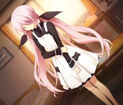 1girl animal_print bed bed_sheet bedroom bow cat_print chaos;child chaos;child_love_chu_chu! closed_eyes curtains dress dutch_angle eyebrows_hidden_by_hair frilled_dress frilled_sleeves frills frown game_cg hair_bow hair_over_one_eye highres holding_own_arm indoors lamp library long_hair long_sidelocks long_sleeves minamisawa_senri multiple_hair_bows non-web_source official_art parted_bangs picture_frame pinafore_dress pink_hair sasaki_mutsumi sidelocks sleeveless sleeveless_dress solo sunlight sweater twintails white_dress window wooden_floor