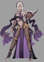 1girl absurdres alternate_costume aversa_(fire_emblem) black_nails book breasts bridal_gauntlets cleavage cosplay dark-skinned_female dark_skin dorothea_arnault_(cosplay) dorothea_arnault_(plegian)_(cosplay) elbow_gloves eyeliner facial_mark feet female_focus fire_emblem fire_emblem_awakening fire_emblem_heroes full_body gloves highres holding holding_book hood large_breasts lipstick long_hair makeup nail_polish navel nintendo pelvic_curtain smile tattoo thick_thighs thighs tiptoes toenail_polish toenails toes underboob villagers_c white_hair wide_hips