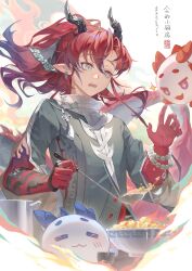 1boy absurdres annotated aqua_eyes arknights beads black_horns bowl chinese_commentary colored_extremities commentary_request dated dragon_bubble_(arknights) earrings food grey_shirt hair_between_eyes highres holding holding_ladle horns jewelry kong_ming_kmmo ladle ling_(arknights) long_hair male_focus nian_(arknights) open_mouth pointy_ears red_hair shirt solo surprised teeth upper_teeth_only yu_(arknights)