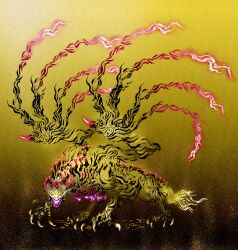 Rule 34 | absurdres, claws, colored sclera, deadpool yuchan, dragon, full body, glowing, glowing wings, gradient background, highres, horns, looking at viewer, monster, monster focus, monster hunter: world, monster hunter (series), no humans, open mouth, red eyes, shara ishvalda, sharp teeth, signature, spikes, tail, teeth, wings, yellow sclera, yellow theme