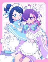 0zr8hc 2girls :d absurdres alternate_costume apron blue_eyes blue_jacket blue_shorts blush bright_pupils commentary dot_(pokemon) hair_bun hair_ornament hair_ribbon hairclip headphones highres jacket jersey_maid leg_warmers liko_(pokemon) long_hair maid maid_headdress multiple_girls nintendo open_mouth pokemon pokemon_(anime) pokemon_horizons purple_eyes purple_hair purple_jacket purple_shorts ribbon shorts smile symbol-only_commentary tongue twitter_username unconventional_maid watermark white_apron white_leg_warmers white_pupils zipper_pull_tab