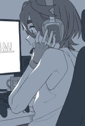 1boy controller cup fingerless_gloves from_side furret game_controller gen_2_pokemon gloves greyscale hair_between_eyes headphones headset highres holding holding_controller holding_cup holding_game_controller kieran_(pokemon) male_focus monitor monochrome mug naruse_makoto nintendo pokemon pokemon_sv profile sitting solo tank_top upper_body