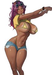 Rule 34 | 1girl, absurdres, beuto, bikini, bleach, bracelet, brazil, breasts, dark-skinned female, dark skin, denim, denim shorts, eyewear on head, flower, hair flower, hair ornament, highleg, highleg bikini, highres, jewelry, large breasts, lips, long hair, micro shorts, navel piercing, parted bangs, piercing, ponytail, purple hair, shihouin yoruichi, shorts, simple background, standing, sunglasses, sunglasses on head, swimsuit, tan, tanline, white background, yellow eyes