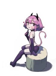 Rule 34 | 1girl, arm support, ass, bare shoulders, black bra, black choker, black gloves, black horns, black thighhighs, blush, bra, breasts, choker, closed mouth, demon girl, demon horns, demon tail, elbow gloves, female focus, from side, full body, gloves, heart, highres, horns, matching hair/eyes, original, pink eyes, pink hair, pointing, pointy ears, qtkat, shoulder blades, sidelocks, simple background, sitting, small breasts, smile, solo, strapless, strapless bra, tail, thighhighs, thighs, underwear, white background