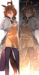 1girl agnes_tachyon_(umamusume) ahoge animal_ears cardigan closed_eyes closed_mouth highres horse_ears horse_girl horse_tail huge_ahoge lab_coat necktie red_eyes shirin_(tsukimiyagura) short_necktie sleeves_past_wrists smile solo tail umamusume