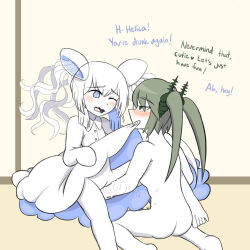 2girls ass barefoot blue_eyes blue_hair blush bottomless buttons carniccity collared_dress colored_skin completely_nude dress english_text feet fingering from_behind from_side funamusea green_eyes green_hair hair_ornament helica_(funamusea) jellyfish_girl long_hair multicolored_hair multiple_girls nude one_eye_closed oounabara_to_wadanohara open_mouth pulmo_(funamusea) rape source_request teeth twintails two-tone_hair white_dress white_hair white_skin yuri