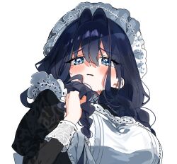 Rule 34 | 1girl, apron, black dress, black hair, blue eyes, blush, braid, dandandanholo, dress, grabbing own hair, hair intakes, hat, holding, holding own hair, hololive, hololive english, long hair, low twin braids, maid apron, mob cap, official alternate costume, official alternate hairstyle, ouro kronii, ouro kronii (maid), simple background, solo, sweat, twin braids, virtual youtuber, white apron, white background
