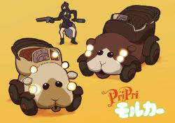 Rule 34 | 1girl, black eyes, bottle, commentary request, copyright name, dorothy (princess principal), figure, genso, gun, holding, holding gun, holding weapon, molcar, parody, princess principal, pui pui molcar, standing, weapon, wine bottle, yellow background
