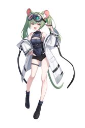 1girl alpha_transparency animal_ear_fluff animal_ears bare_shoulders black_boots black_shorts boots breasts cleavage_cutout clothing_cutout coat commentary counter:side covered_navel english_commentary fang full_body goggles goggles_on_head green_eyes half-closed_eyes hand_on_own_hip hand_up harness holding justine_macy leotard long_hair long_sleeves looking_at_viewer micro_shorts mouse_ears mouse_girl mouse_tail off_shoulder official_art open_clothes open_coat open_mouth purple_eyes shorts simple_background skindentation sleeveless_turtleneck_leotard small_breasts smug socks solo standing tachi-e tail thigh_strap transparent_background twintails white_coat