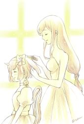 2girls bare_arms bare_shoulders bow breasts brushing_hair chair choker closed_eyes closed_mouth comb dress eiko_carol final_fantasy final_fantasy_ix flower_choker garnet_til_alexandros_xvii hair_bow hairband hand_in_another&#039;s_hair holding holding_comb horns light_blush long_dress long_hair low-tied_long_hair medium_breasts monochrome multiple_girls parted_lips puffy_short_sleeves puffy_sleeves quichi_91 short_hair short_sleeves sidelocks single_horn sitting smile strapless strapless_dress swept_bangs twitter_username upper_body white_dress window