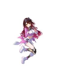 1girl amagai_tarou android asymmetrical_clothes boots brown_hair closed_mouth commentary_request cropped_shirt detached_sleeves full_body gradient_hair hair_ribbon hands_up highres hololive looking_at_viewer matsuo_shogo mechanical_arms mechanical_legs midriff multicolored_hair official_art pants pink_hair pink_shirt puffy_detached_sleeves puffy_short_sleeves puffy_sleeves ribbon roboco-san second-party_source shirt short_sleeves simple_background single_detached_sleeve single_pantsleg single_sleeve smile solo steepled_fingers thigh_strap virtual_youtuber white_background white_boots white_pants yellow_eyes