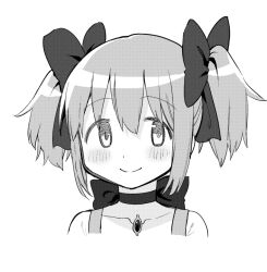 1girl bow choker cocoa_(ultra_mdk) collarbone greyscale hair_bow kaname_madoka kaname_madoka_(magical_girl) looking_at_viewer magical_girl mahou_shoujo_madoka_magica mahou_shoujo_madoka_magica_(anime) monochrome portrait short_twintails smile solo soul_gem twintails