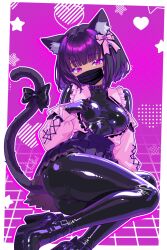 1girl absurdres animal_ear_fluff animal_ears ass black_collar black_hair black_mask bodysuit bow breasts cat_ears cat_tail collar finn_flint finn_flint_(vtuber) frilled_shirt_collar frills full_body hair_bow heart high_heels highres jirai_kei latex latex_bodysuit mask medium_breasts mouth_mask on_floor original platform_heels purple_background purple_eyes short_hair signature sitting skirt solo star_(symbol) tail thighs