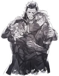 10s 4boys armband beard black_hair ebira closed_eyes facial_hair final_fantasy final_fantasy_xv freckles gladiolus_amicitia greyscale group_hug hair_slicked_back hug ignis_scientia jacket male_focus monochrome mullet multiple_boys noctis_lucis_caelum aged_up prompto_argentum scar scar_across_eye scar_on_face simple_background spoilers sunglasses upper_body white_background