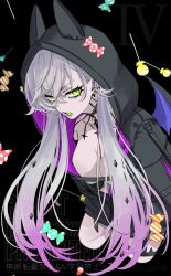 absurdres body_markings candy demon_girl earrings fate/grand_order fate_(series) food green_eyes grey_hair highres hinako68 holding holding_food hood horns_through_hood jacket jewelry lilith_(fate) lollipop lollipop_in_mouth multiple_earrings naked_jacket pointy_ears twintails