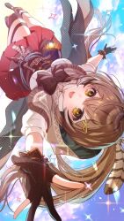 1girl ashiyafuku black_gloves black_hair black_thighhighs brown_capelet brown_hair capelet dagger feather_hair_ornament feathers gloves hair_ornament hairpin highres hololive hololive_english knife lantern long_hair looking_at_viewer multicolored_hair nanashi_mumei nanashi_mumei_(1st_costume) open_mouth partially_fingerless_gloves ponytail red_skirt shirt skirt smile solo streaked_hair thighhighs very_long_hair virtual_youtuber weapon white_hair white_shirt