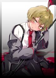1boy absurdres black_coat black_gloves black_pants blonde_hair blood blood_on_ground bloody_weapon blush coat gloves halberd highres holding holding_polearm holding_weapon id_card limbus_company looking_to_the_side male_focus manic_rabbits necktie on_floor open_mouth overalls pants polearm project_moon red_necktie short_hair simple_background sinclair_(project_moon) weapon worried yellow_eyes
