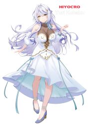 1girl absurdres ankle_strap aqua_bow aqua_bowtie aqua_choker aqua_ribbon armpit_crease bare_shoulders blue_shoes bow bowtie breasts bun_with_braided_base character_name choker cleavage closed_mouth collarbone commentary_request cone_hair_bun copyright_name detached_sleeves dress earrings floating_hair full_body gold_earrings gold_trim hair_bun hair_intakes hair_ornament hand_up high_heels highres hiyoku_no_crosspiece impossible_clothes impossible_shirt jewelry kohaku_yuri kohaku_yuri_(1st_costume) large_breasts layered_dress long_dress long_hair looking_at_viewer multicolored_hair nanashi_inc. puffy_short_sleeves puffy_sleeves pumps purple_hair ribbon sankyo_(821-scoville) see-through_cleavage see-through_clothes see-through_shirt shirt shoes short_sleeves simple_background sleeveless sleeveless_shirt smile solo split_mouth strapless strapless_dress streaked_hair teardrop_earrings two-tone_hair very_long_hair virtual_youtuber white_background white_dress white_hair white_sleeves yellow_eyes