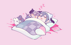 Rule 34 | 2boys, artist name, black hair, blush, book, checkered clothes, checkered scarf, chibi, closed eyes, commentary, danganronpa (series), danganronpa v3: killing harmony, evercelle, eyelashes, flipped hair, hair between eyes, hat, head on pillow, heart, highres, kuromi, male focus, monokuma, multiple boys, oma kokichi, open mouth, pillow, pink background, pink theme, pochacco, purple hair, saihara shuichi, sanrio, scarf, shared bed, short hair, simple background, sleeping, splatter, under covers, yaoi, zzz