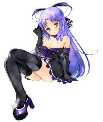 00s 1girl bad_id bad_pixiv_id black_thighhighs blue_hair blush bow breasts clothes_pull crossed_legs elbow_gloves female_focus flat_chest full_body gloves green_eyes hair_bow high_heels highres inugami_poemu long_hair nee_chanto_shiyou_yo! nee_chanto_shiyou_yo!_2 nipples no_panties platform_footwear platform_heels platform_shoes shirt_pull shoes simple_background sitting solo thighhighs white_background yako
