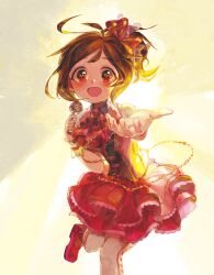 1girl blush brown_hair commentary_request domyoji_karin holding holding_microphone idolmaster idolmaster_cinderella_girls looking_at_viewer microphone open_mouth ponytail reaching reaching_towards_viewer red_eyes red_skirt sasasasa skirt smile solo