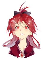 ahoge black_bow blush bo4turtle bow clenched_teeth formal_clothes hair_between_eyes hair_bow highres long_hair looking_at_viewer mahou_shoujo_madoka_magica portrait raised_eyebrows red_eyes red_hair red_suit sakura_kyoko sakura_kyoko_(magical_girl) simple_background soul_gem suit teeth white_background
