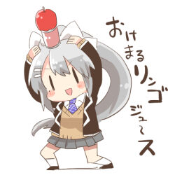 1girl :d apple arms_up black_jacket black_shoes blazer blush_stickers bow brown_sweater can chibi collared_shirt food fruit grey_hair grey_skirt hair_between_eyes hair_bow hair_ornament hairclip higuchi_kaede higuchi_kaede_(1st_costume) jacket long_hair long_sleeves lowres mole mole_under_eye necktie nijisanji on_head open_clothes open_jacket open_mouth pleated_skirt ponytail purple_necktie rebecca_(keinelove) school_uniform shirt shoes simple_background skirt sleeves_past_wrists smile socks solo sweater translation_request v-shaped_eyebrows very_long_hair virtual_youtuber white_background white_bow white_shirt white_socks |_|