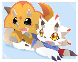 Rule 34 | black eyes, claws, digimon, digimon (creature), digimon ghost game, dinosaur, dinosaur king, gabu (dinosaur king), gammamon, happy, horns, looking at another, scarf, smile, tail, yellow eyes