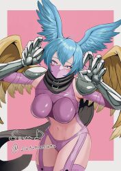 1girl armor artist_name border breasts claws digimon digimon_(creature) digimon_frontier feathered_wings female_focus head_wings highres large_breasts light_blush looking_at_viewer mask medium_hair shutumon simple_background sutunununu thighs white_border wings