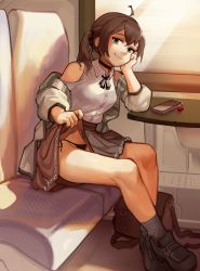 1girl ahoge artist_request bare_legs bare_shoulders black_panties black_ribbon bow breasts brown_hair cellphone clothes_lift green_eyes highres hololive leaning lifting_own_clothes looking_at_viewer medium_breasts miniskirt natsuiro_matsuri natsuiro_matsuri_(casual) panties panties_peek phone ribbon shoes side-tie_panties side_ponytail sitting skirt skirt_lift smartphone smile socks train_interior underwear virtual_youtuber