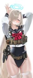 1girl absurdres alternate_costume arms_up asuna_(blue_archive) asymmetrical_bangs belt black_one-piece_swimsuit blonde_hair blue_archive blush bow bowtie collarbone commentary competition_swimsuit fte_(fifteen_199) gloves groin gun halo handgun highleg highleg_one-piece_swimsuit highres holstered long_hair looking_at_viewer magazine_(weapon) no_pants ok_sign one-piece_swimsuit red_bow red_bowtie school_uniform serafuku shirt simple_background smile solo straight_hair swimsuit swimsuit_under_clothes symbol-only_commentary thighhighs unworn_gloves utility_belt utility_vest very_long_hair vest weapon white_background white_shirt white_thighhighs